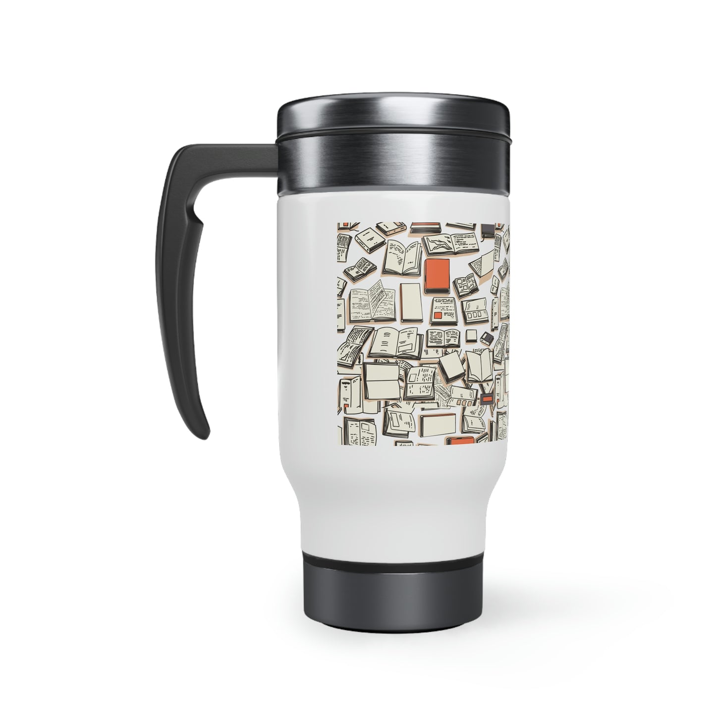 "Books Books Books!" Stainless Steel Travel Mug with Handle, 14oz