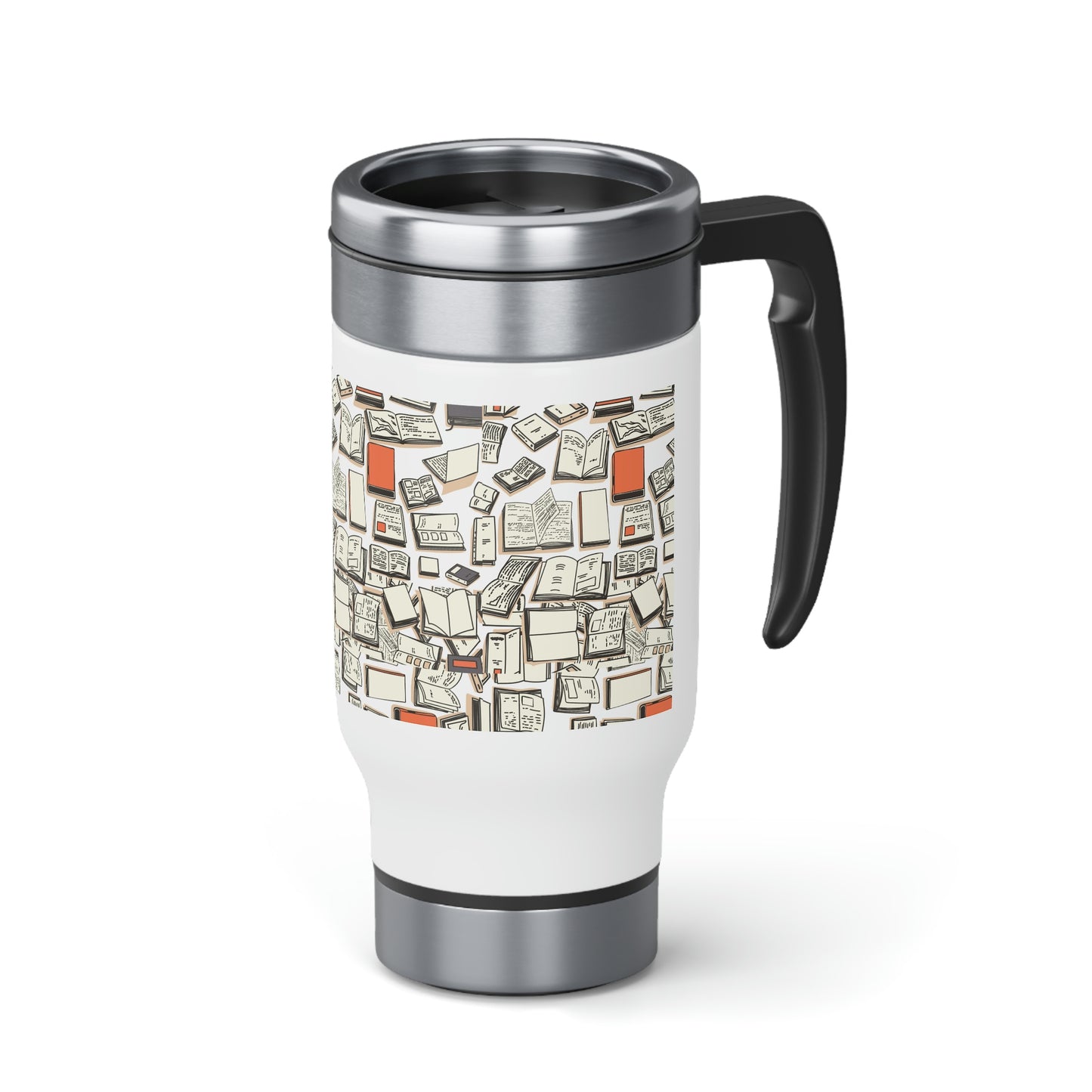 "Books Books Books!" Stainless Steel Travel Mug with Handle, 14oz