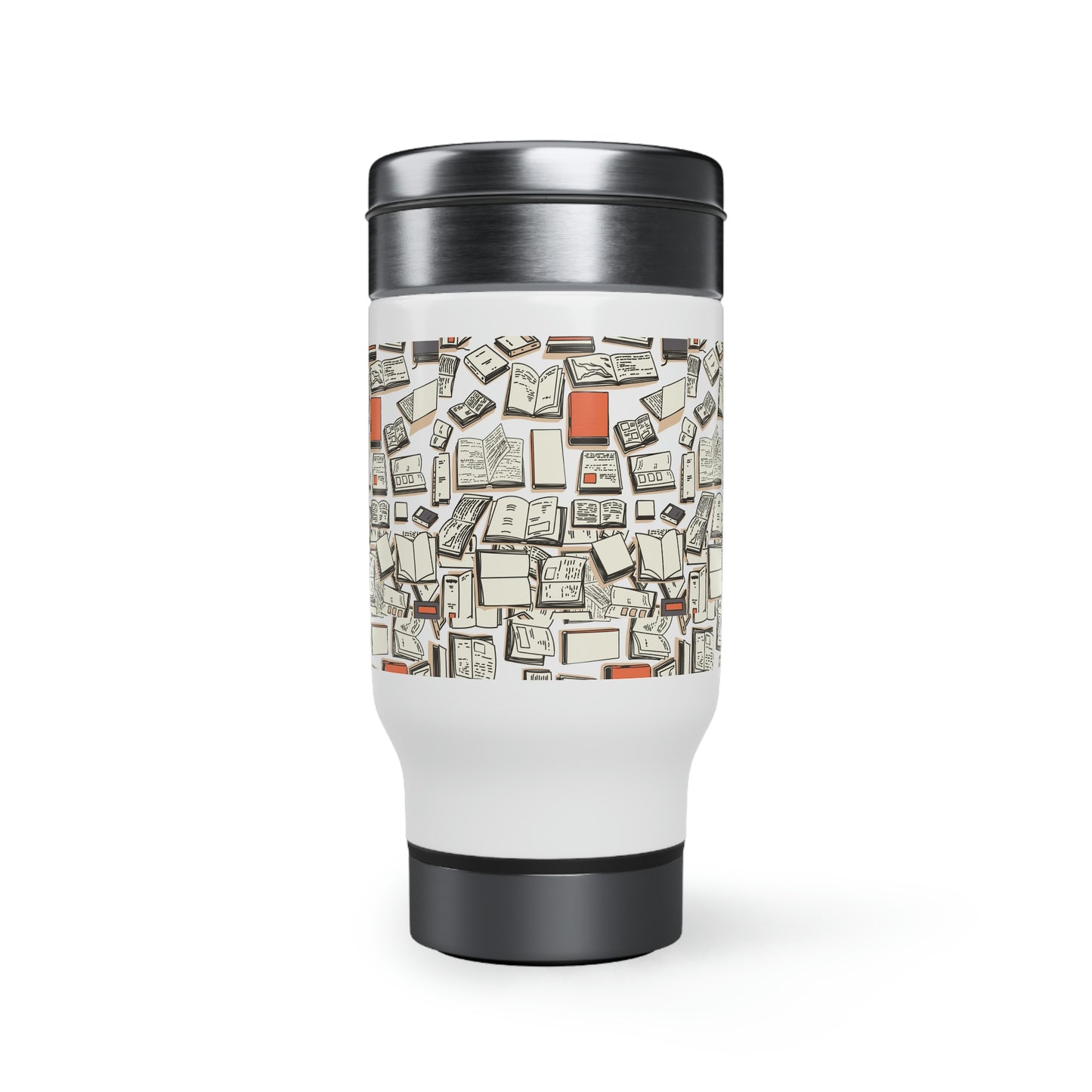 "Books Books Books!" Stainless Steel Travel Mug with Handle, 14oz