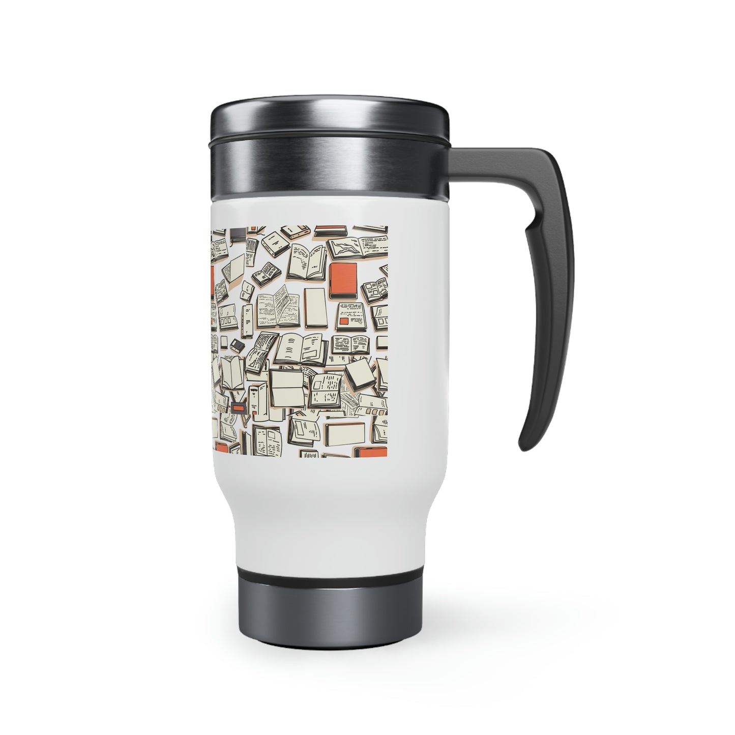 "Books Books Books!" Stainless Steel Travel Mug with Handle, 14oz