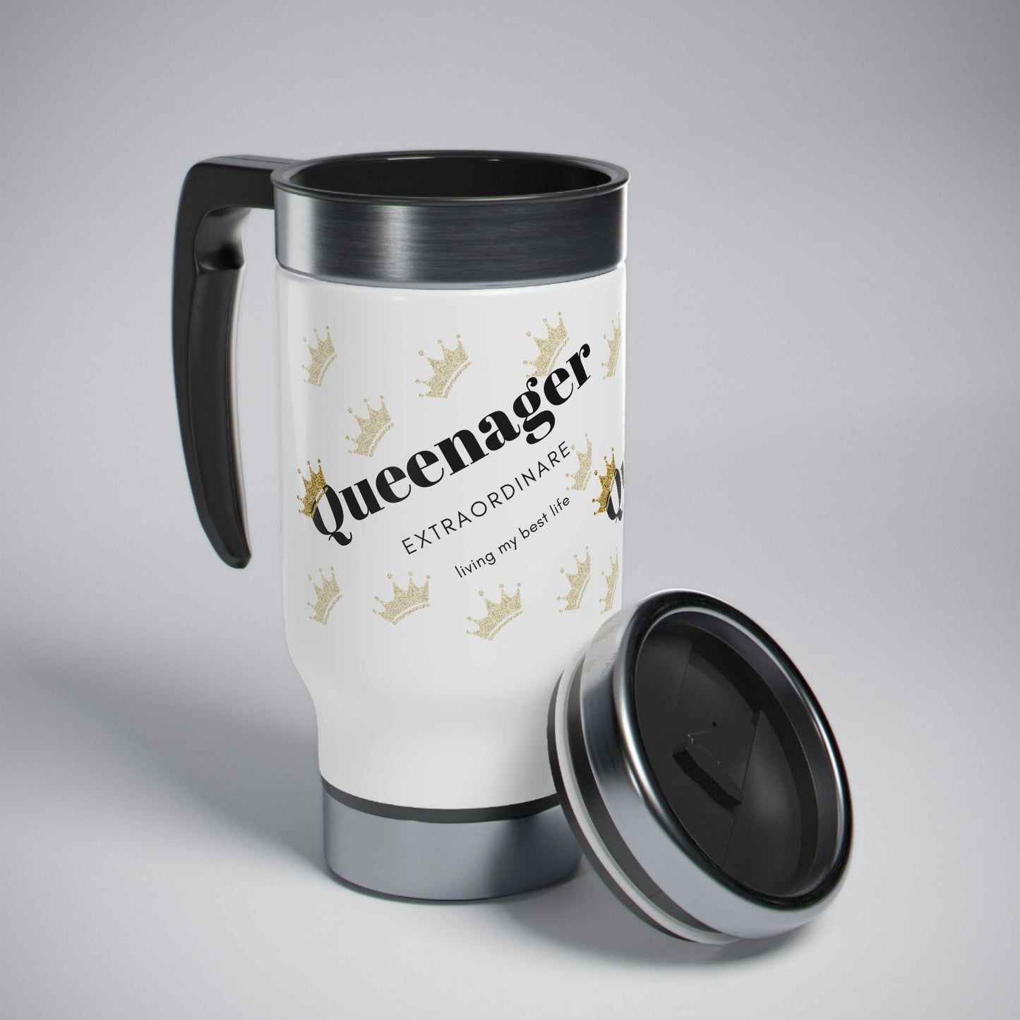 "Queenager" Stainless Steel Travel Mug with Handle, 14oz